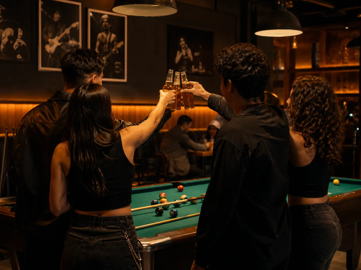 Amigos brindando junto a una mesa de pool en Bola 8